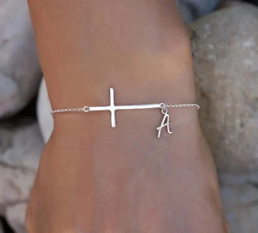 Sideways Cross Bracelet with Custom Initial - Stainless Steel