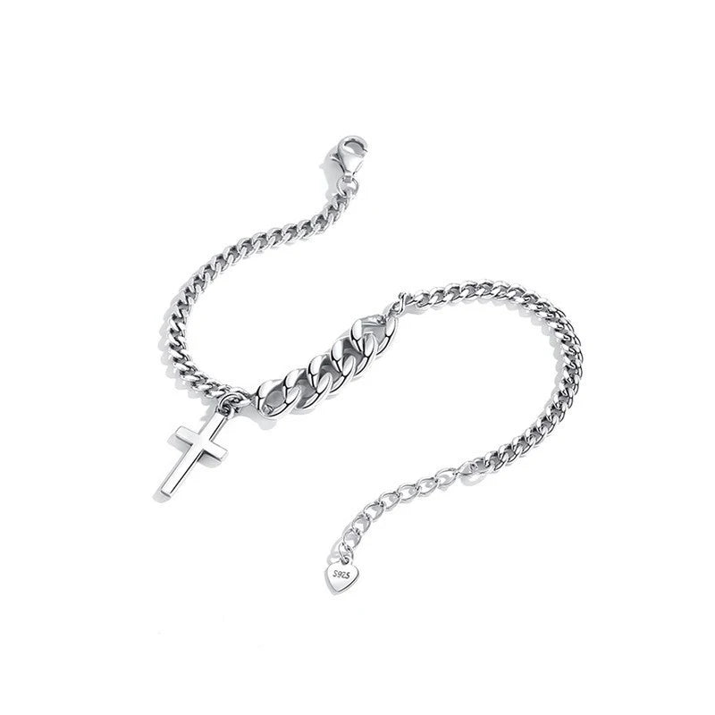 Cuban Link Cross Bracelet - Sterling Silver