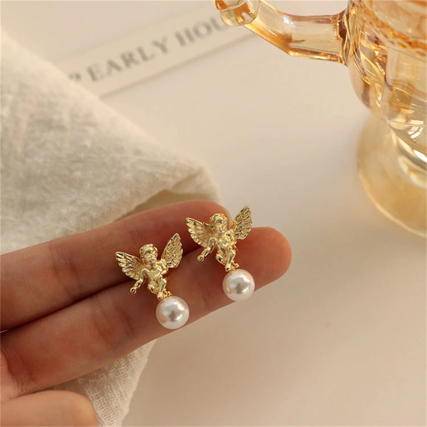 Cherub Angel Pearl Earrings - Zinc Alloy