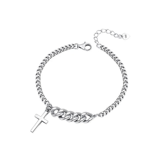 Cuban Link Cross Bracelet - Sterling Silver