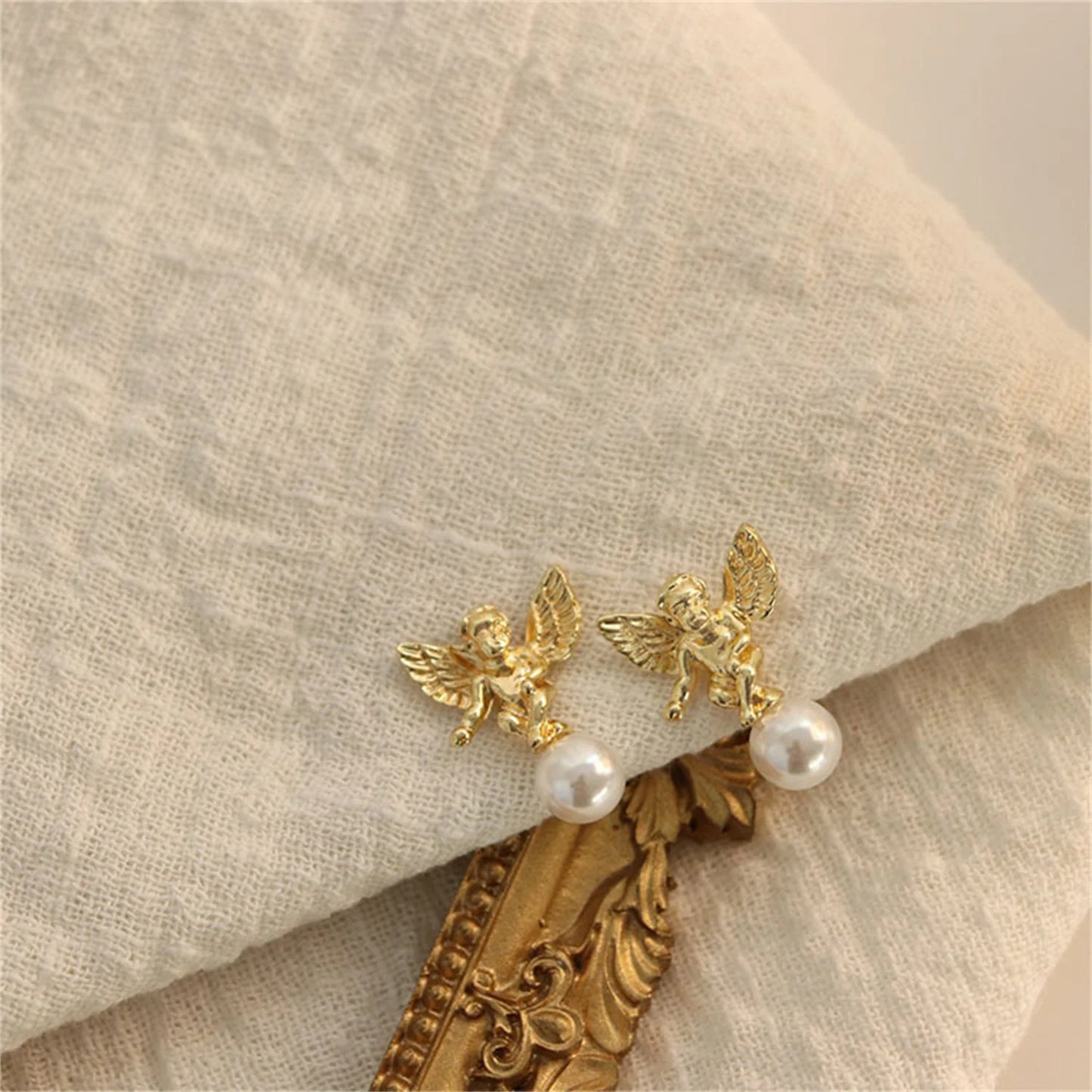 Cherub Angel Pearl Earrings - Zinc Alloy