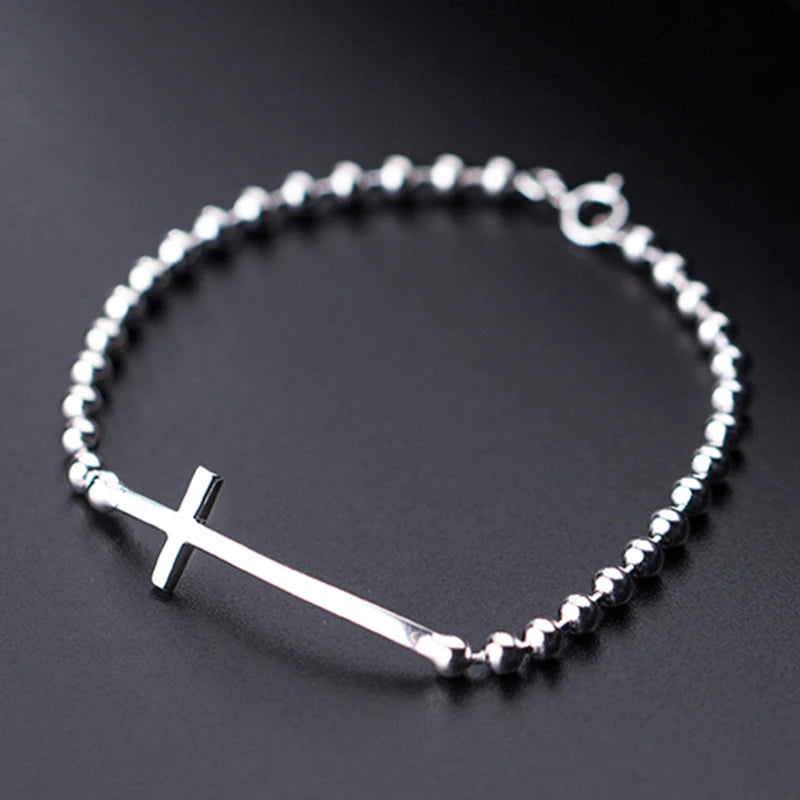 Bead and Cross Bracelet - Sterling Silver