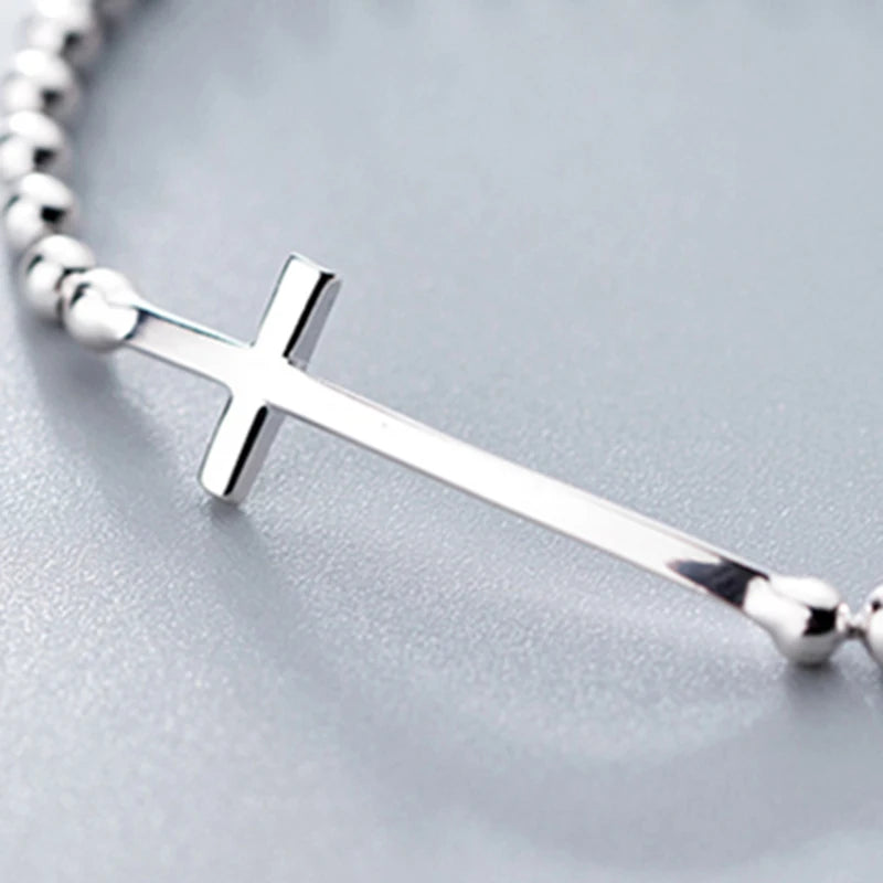 Bead and Cross Bracelet - Sterling Silver