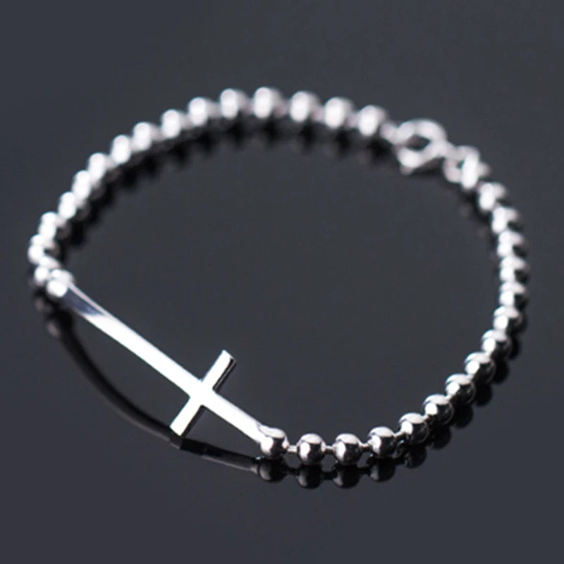 Bead and Cross Bracelet - Sterling Silver