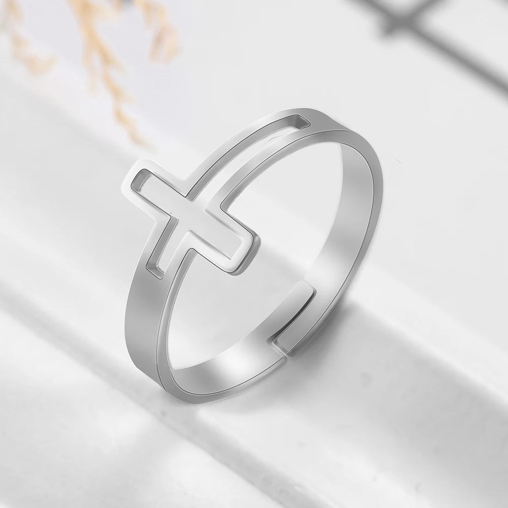 Cross of Faith Adjustable Size Ring - Stainless Steel