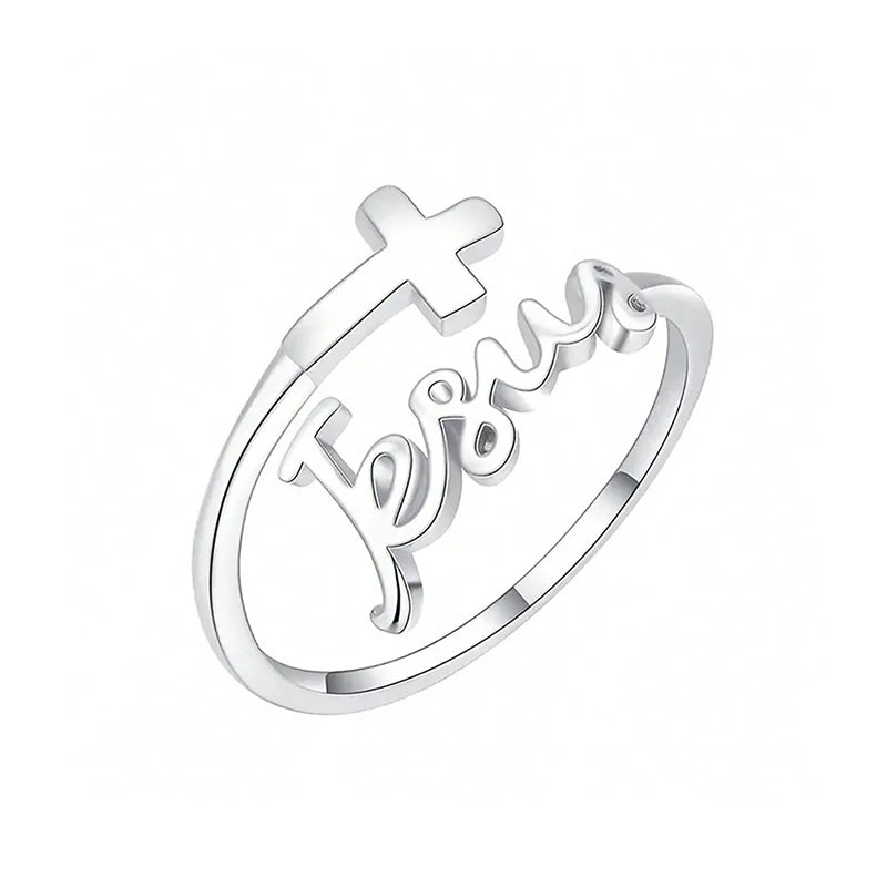 Jesus and Cross Resizable Ring - Zinc Alloy