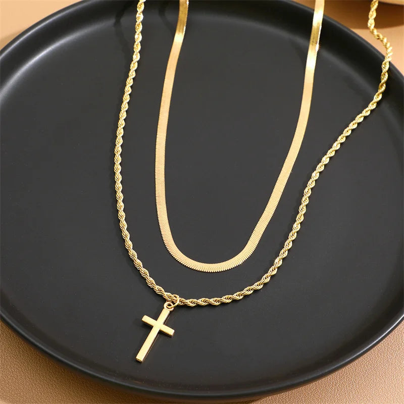 Double Necklace Cross Women's Chain - Stainless Steel