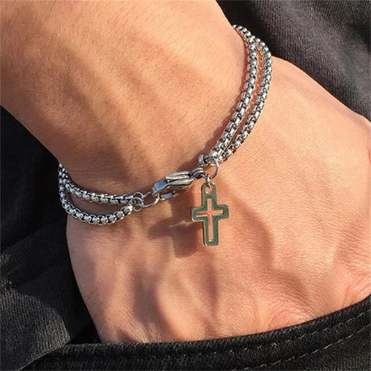 Double Chain Hollow Cross Bracelet - Stainless Steel