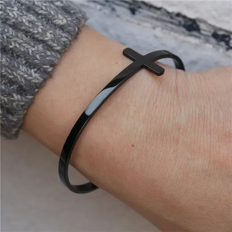 Simple Cross Cuff Bracelet - Stainless Steel