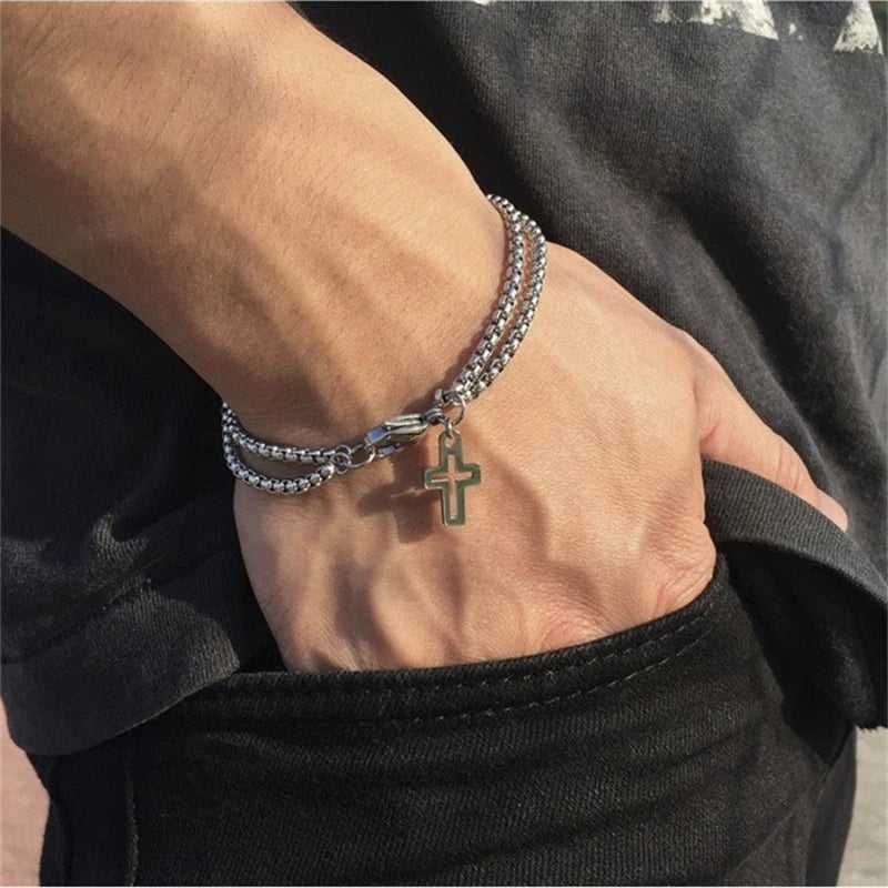 Double Chain Hollow Cross Bracelet - Stainless Steel