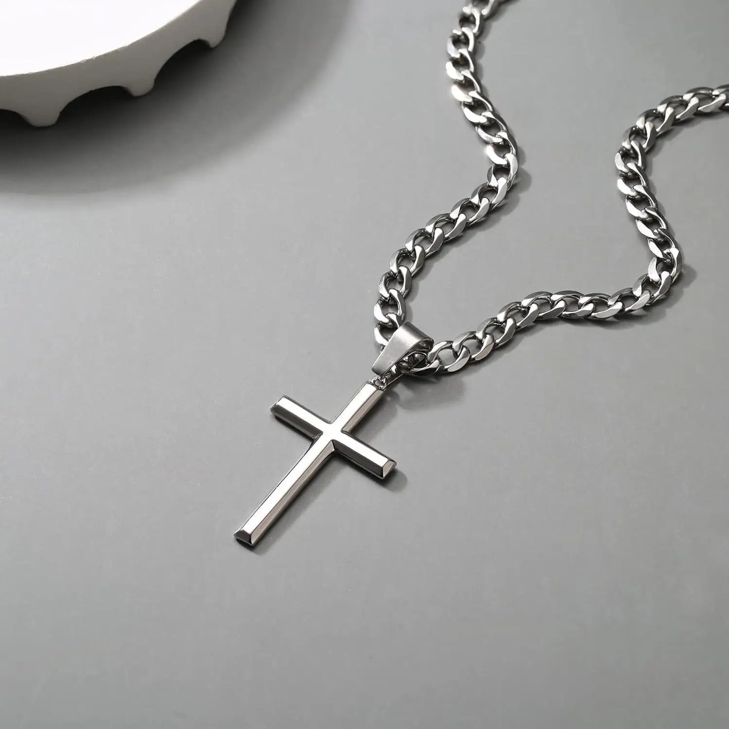 Polished Crucifix with Cuban Link Chain - Sterling Silver