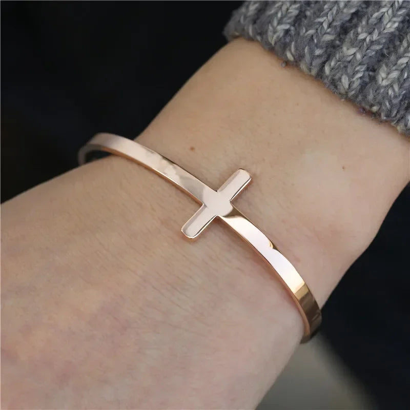 Simple Cross Cuff Bracelet - Stainless Steel