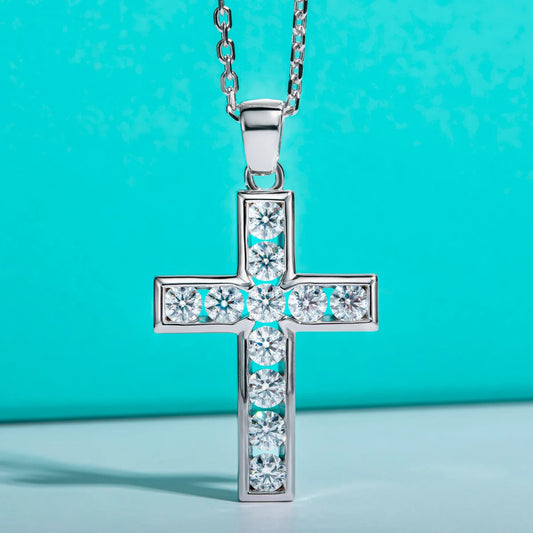 Encompassed Moissanite Cross Pendant - Sterling Silver