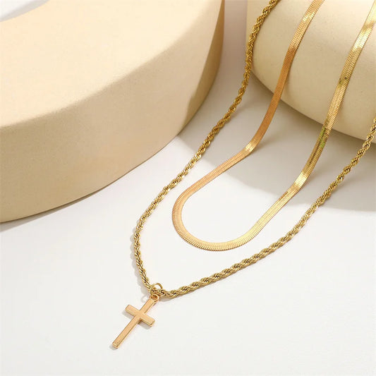 Double Necklace Cross Women's Chain - Stainless Steel