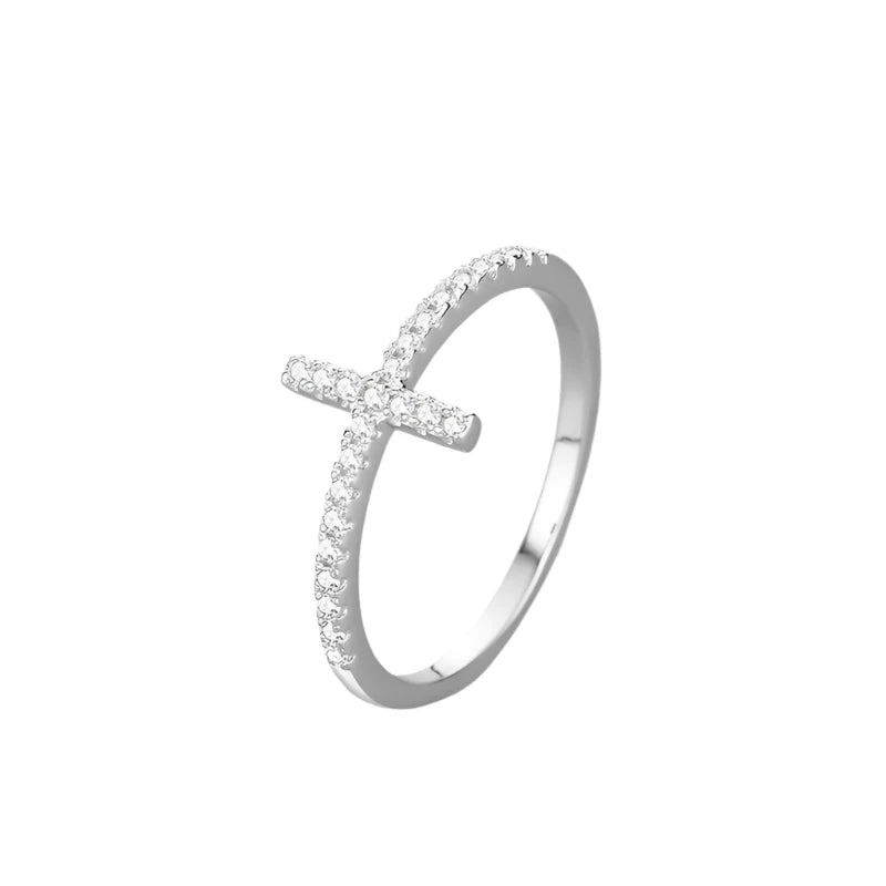 Graceful Cross High Carbon Diamond Women's Ring - Sterling Silver