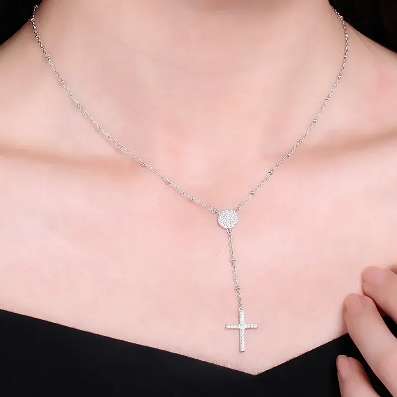 Crucifix Drop Pendant with High Carbon Diamonds - Sterling Silver